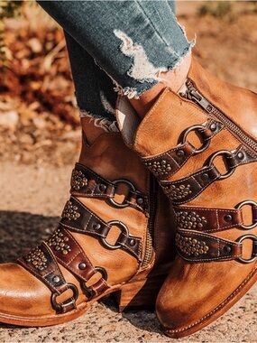 Freebird by Steven Brown Leather Studded Buckle Ankle Boots